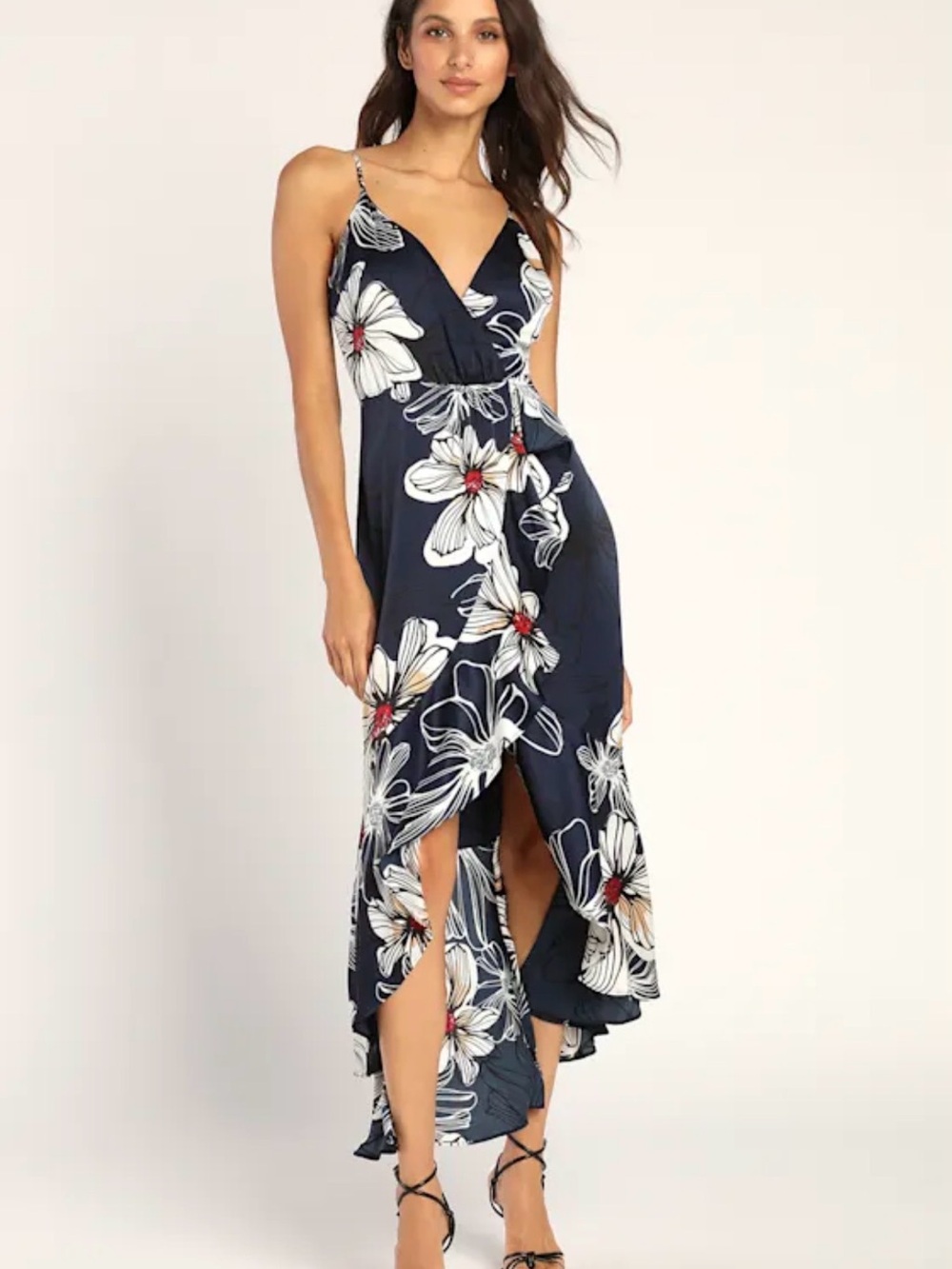 Lulu's Navy Floral High-Low Wrap Dress with Spaghetti Straps